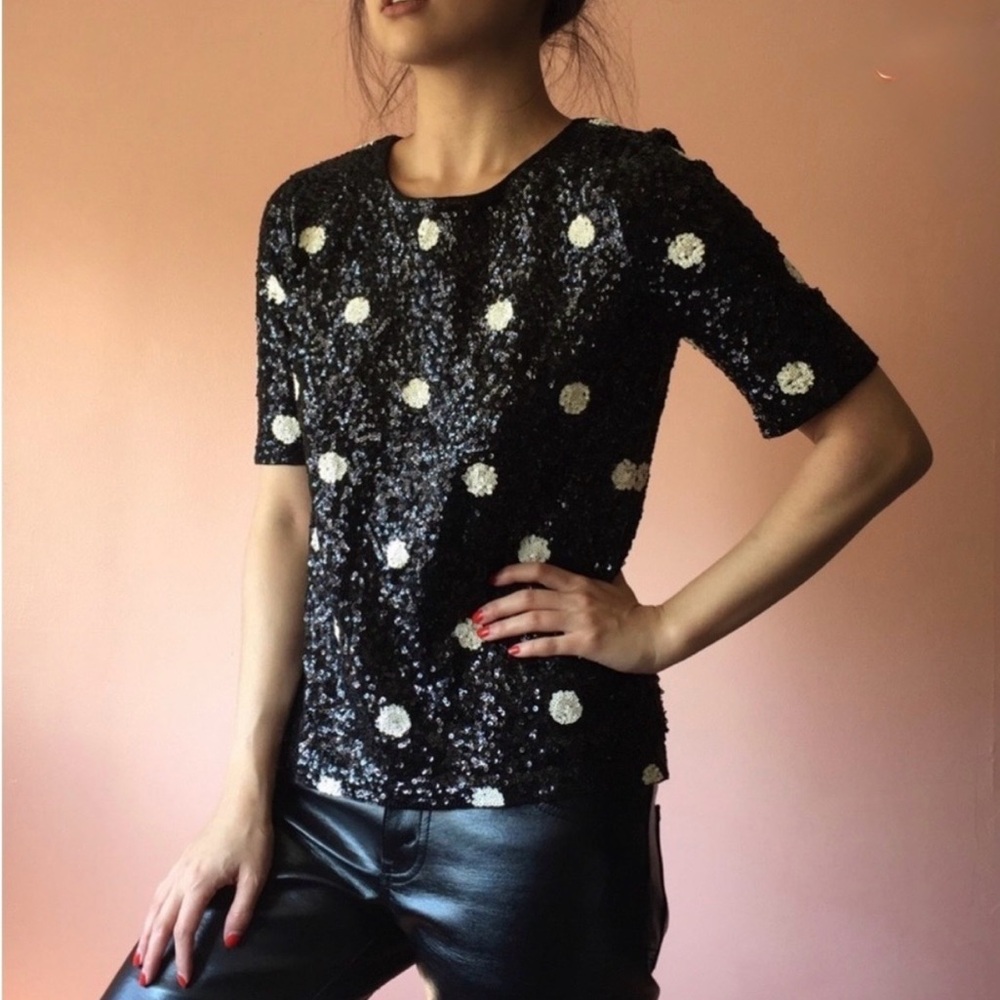 J. Crew Black Sequin Polka Dot Short Sleeve Tee